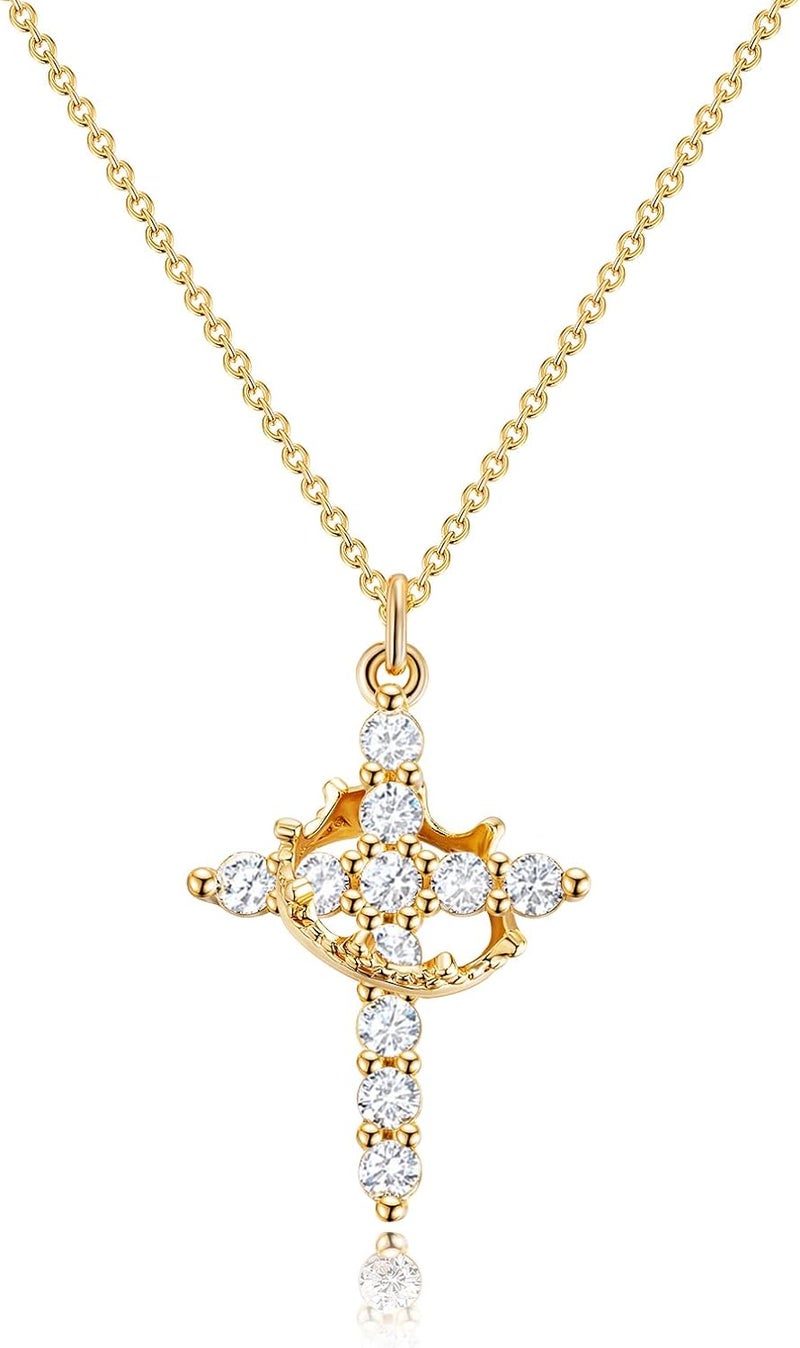 Robaice Upgraded Crown Cross Necklace for Women, 14K Gold Plated Crown Cross Pendant Necklace, Non-Tarnish Faith Jewelry for Women, Christian Religious Gifts for Her - Image 1